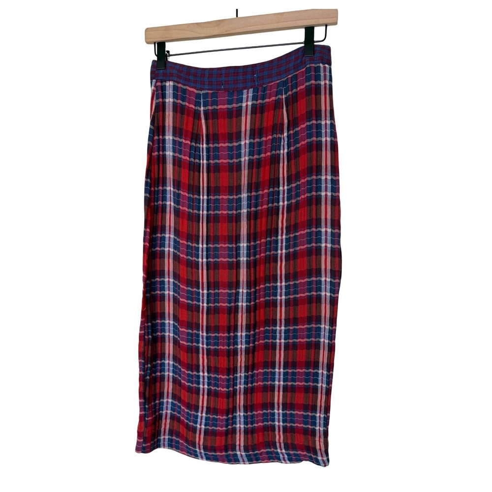 Urban Outfitters Jo Plaid Midi Skirt Red Blue Tartan Pencil S Grunge 90's Preppy - Picture 3 of 15